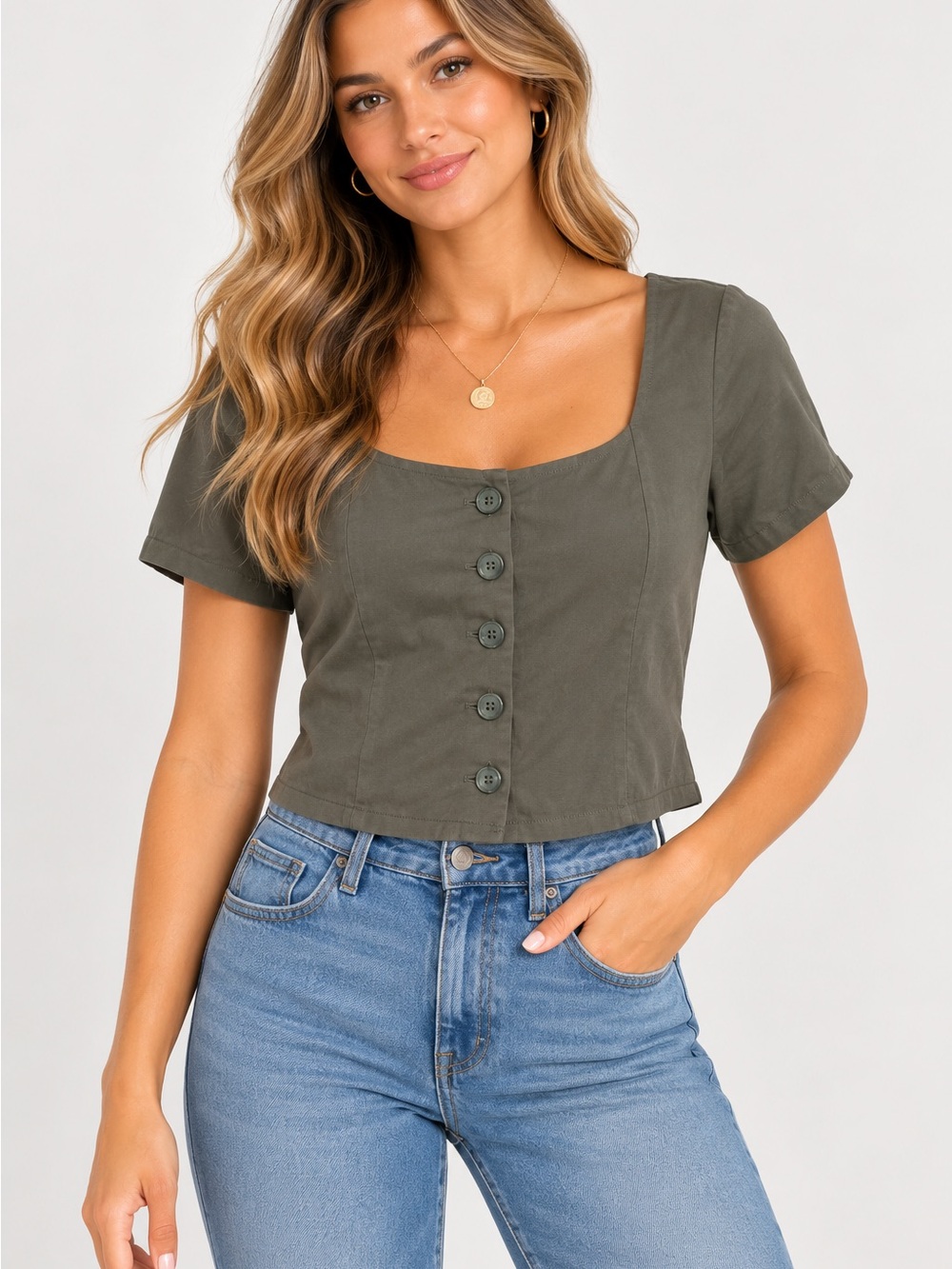 NWOT Rita Row Square Neck Button-Front Crop Top in Olive-Sample